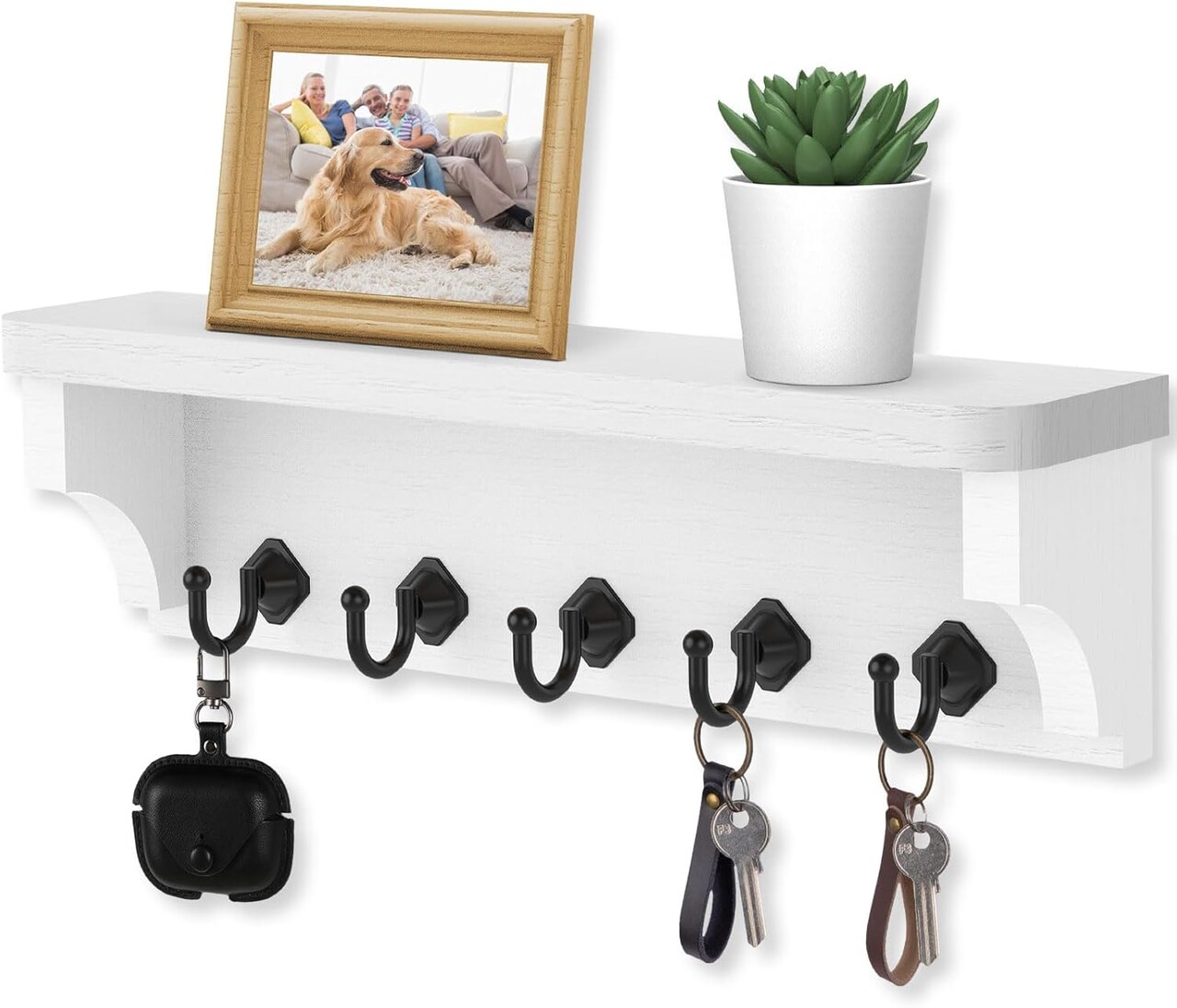 Key Holder for Wall, 11.8" x 3.5" x 2.8" Decorative Key Organizer with Floating Shelf, Wall Mount Key Rack with 5 Hooks (Rustic White)